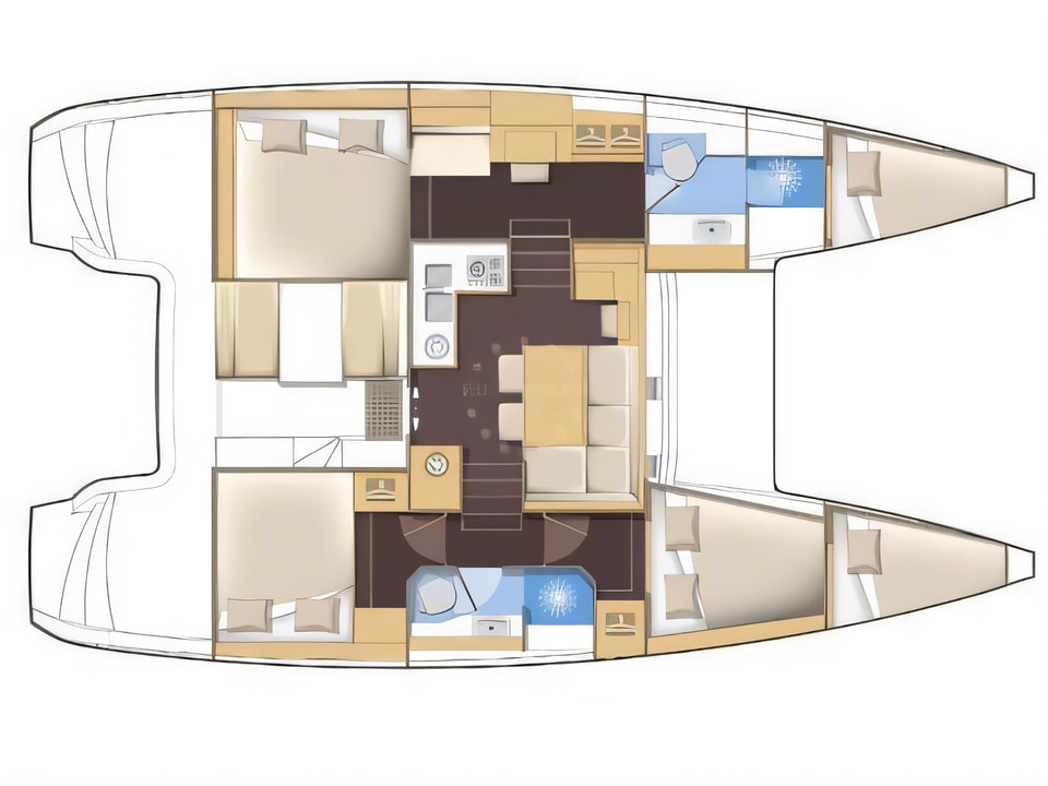 Layout of Lagoon 40 (4+2 cab.) catamaran with 4 cabins Croatia yacht charter