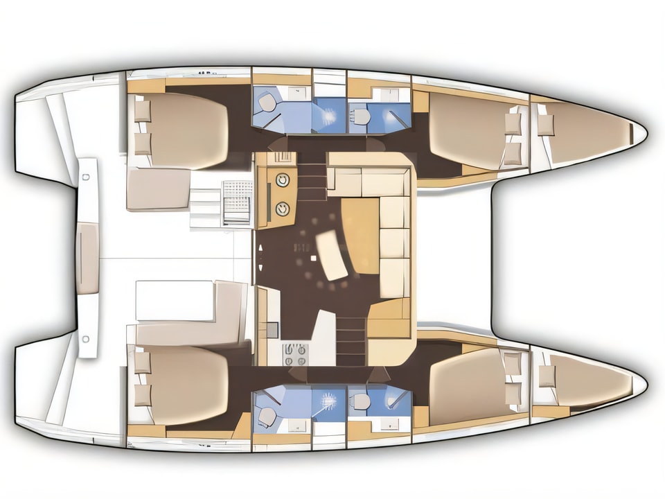 Layout of Lagoon 42 (4+2 cab) catamaran with 4 cabins Croatia yacht charter