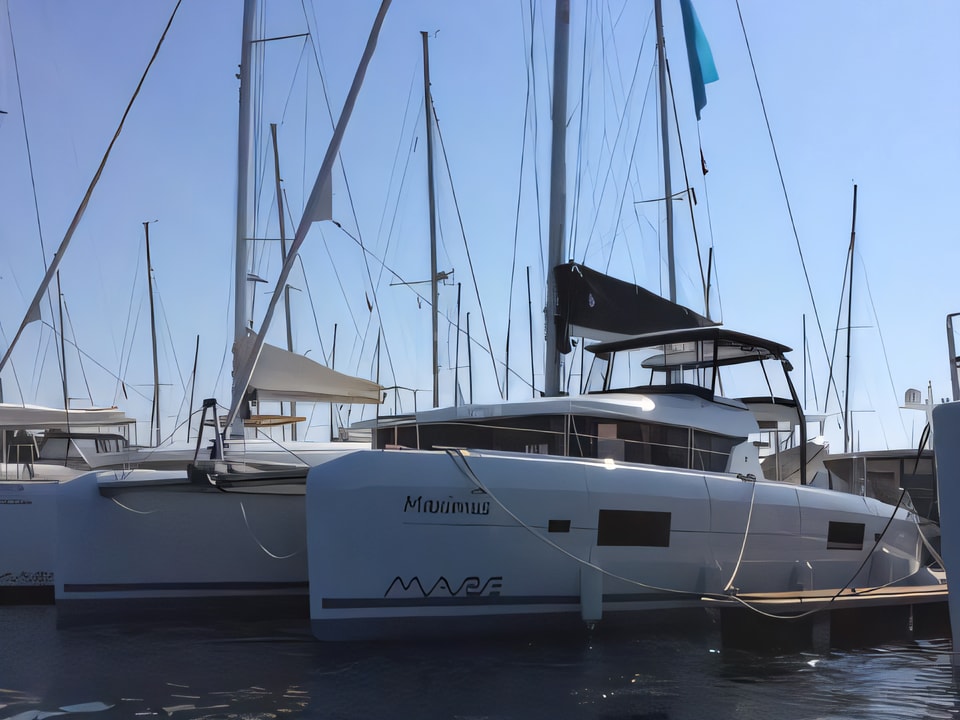 Exterior overview of Lagoon 42 (4+2 cab) catamaran for charter from Sibenik Marina Mandalina in the Kornati sailing area Croatia