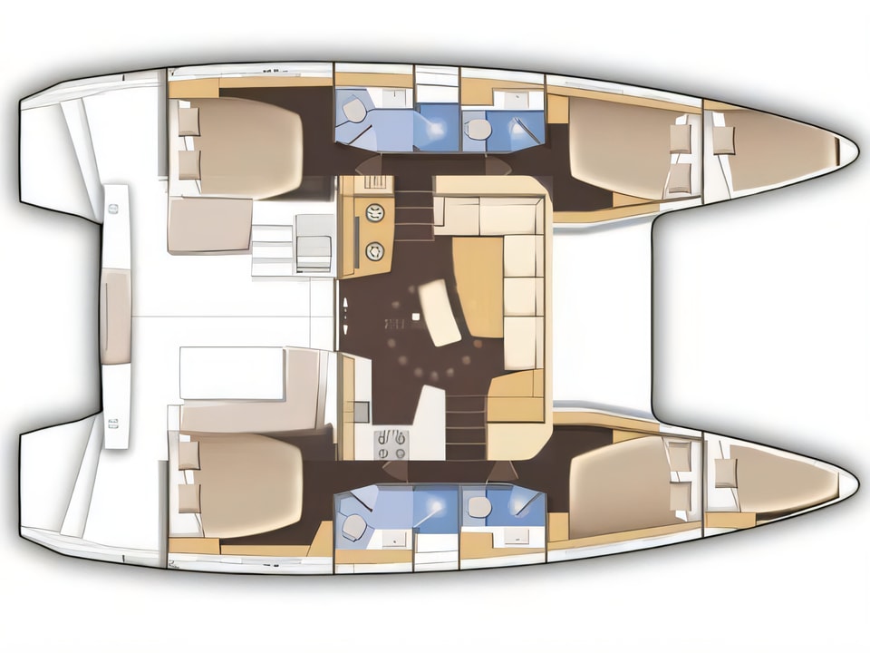 Layout of Lagoon 42 (4+2 cab) catamaran with 4 cabins Croatia yacht charter