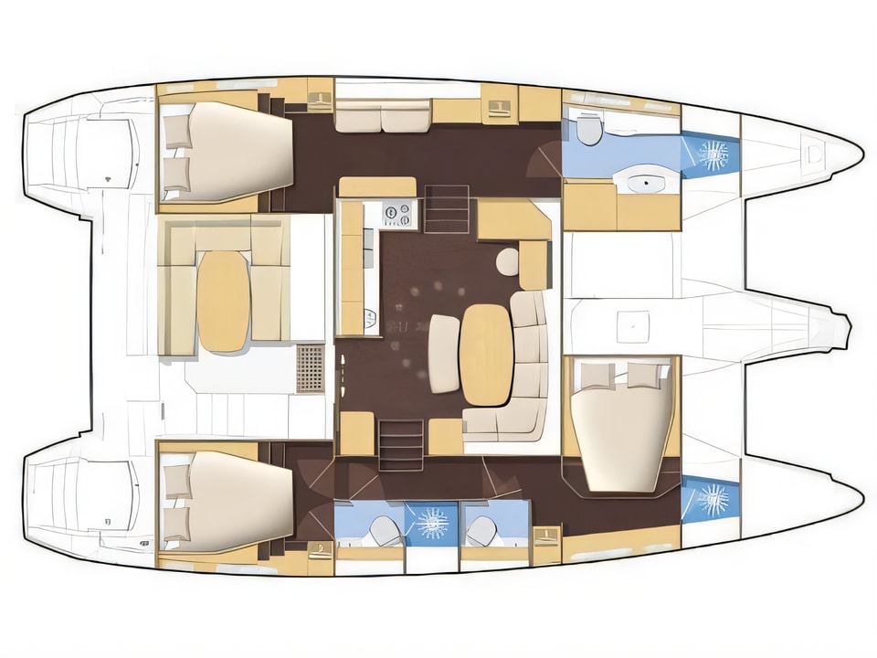 Layout of Lagoon 421 (4+1 cab.) catamaran with 4 cabins Croatia yacht charter