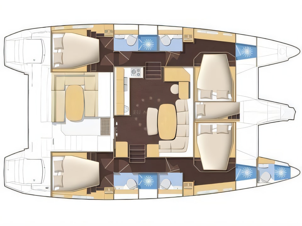 Layout of Lagoon 421 (4+1 cab.) catamaran with 4 cabins Croatia yacht charter