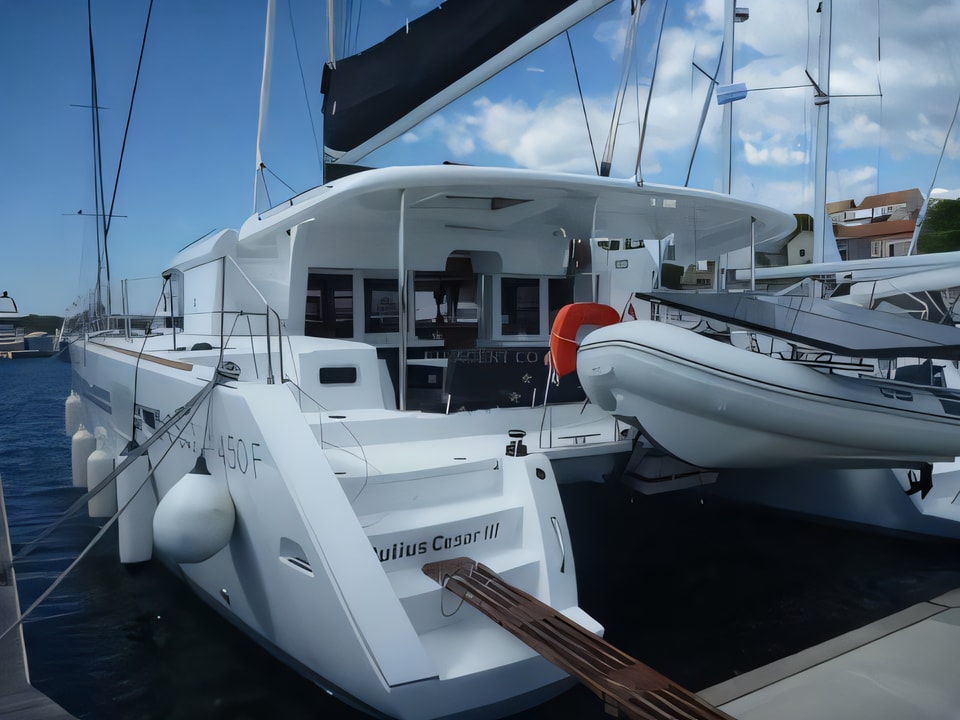 Exterior overview of Lagoon 450 Flybridge (4+2 cab.) catamaran for charter from Sibenik Marina Mandalina in the Sibenik sailing area Croatia
