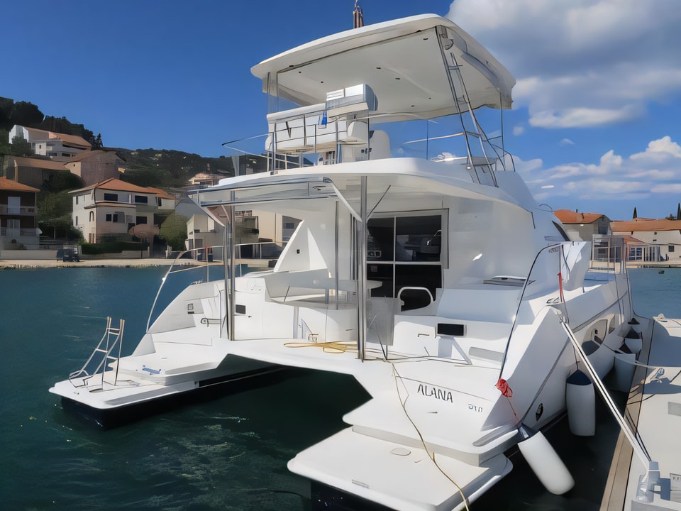 Exterior overview of Leopard 39 PC (4+2 cab.) power catamaran for charter from Sibenik Marina Mandalina in the Sibenik sailing area Croatia