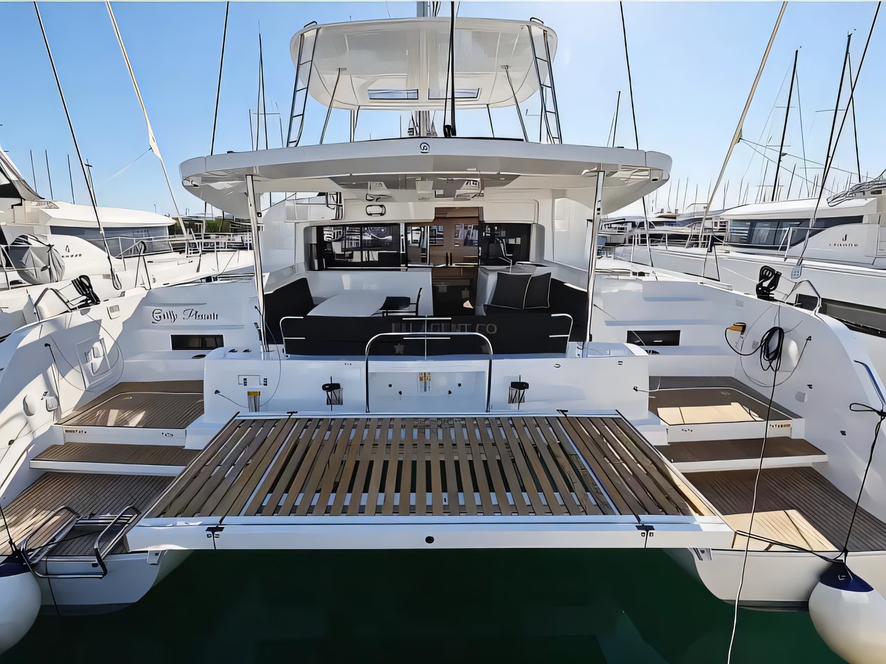 Exterior overview of Lagoon 46 catamaran for charter from Sukosan Marina Dalmacija in the Kornati sailing area Croatia