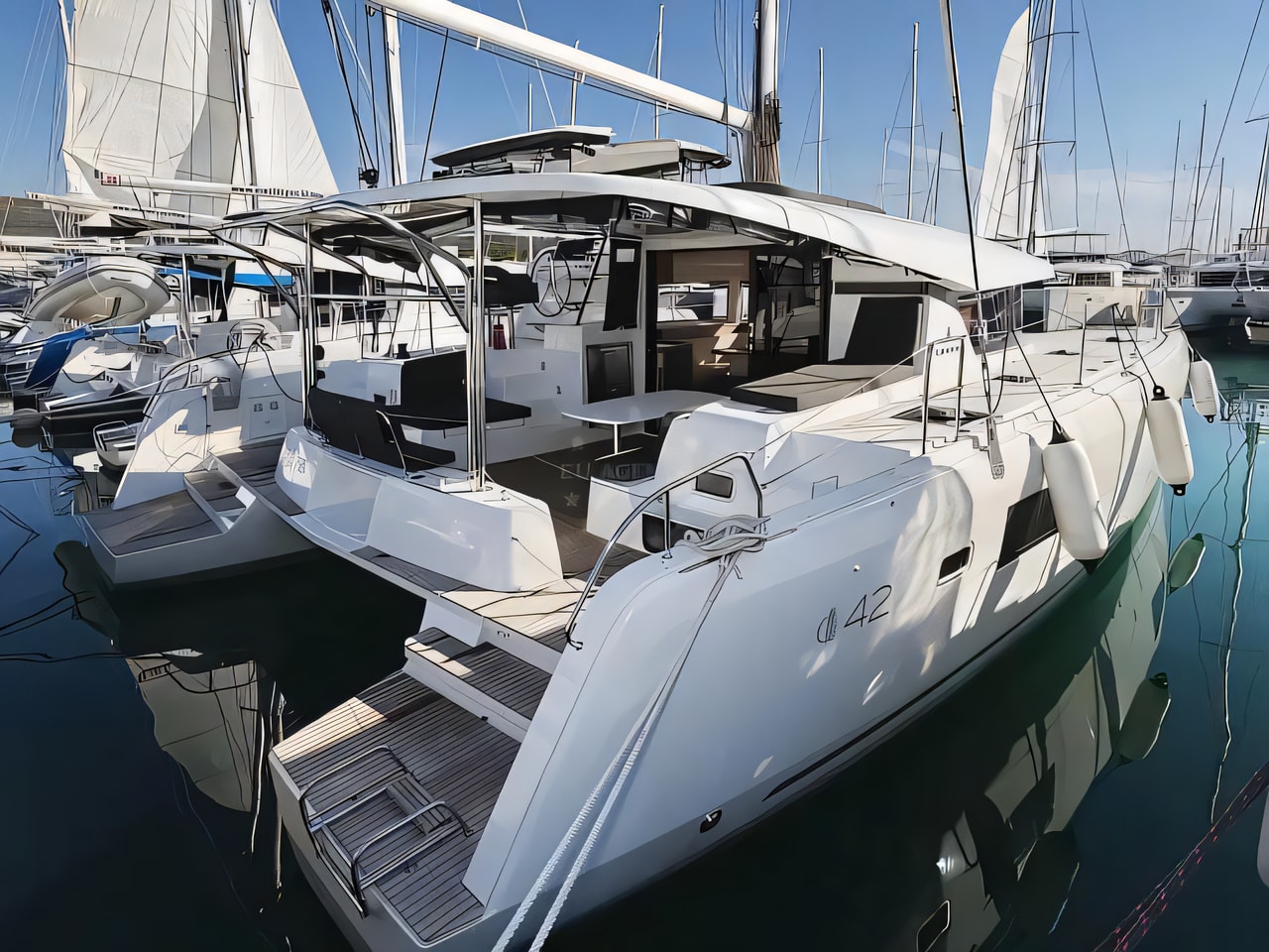 Exterior overview of Lagoon 42 catamaran for charter from Sukosan Marina Dalmacija in the Kornati sailing area Croatia