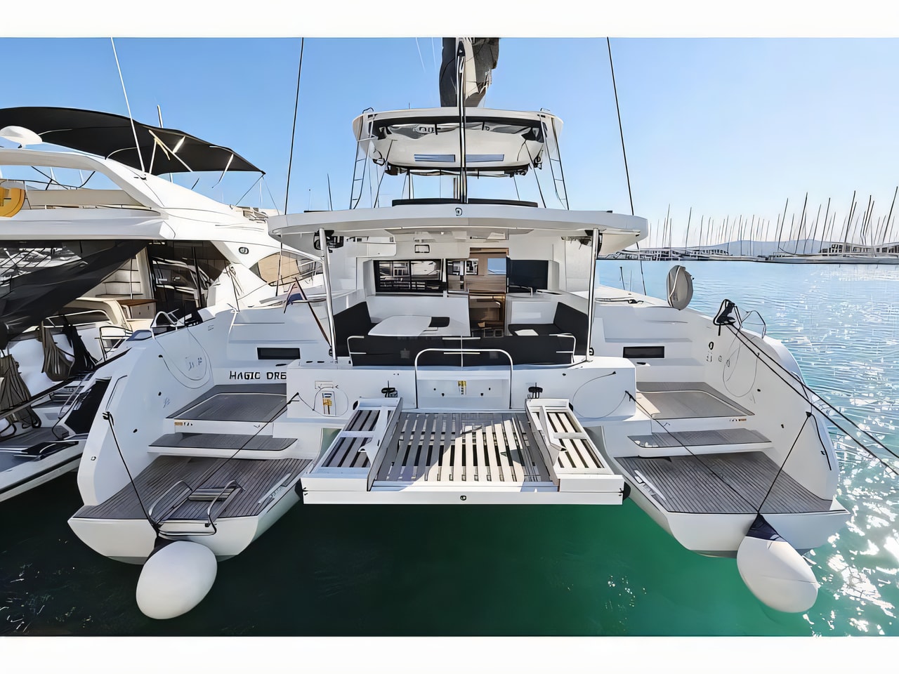 Exterior overview of Lagoon 46 catamaran for charter from Sukosan Marina Dalmacija in the Kornati sailing area Croatia