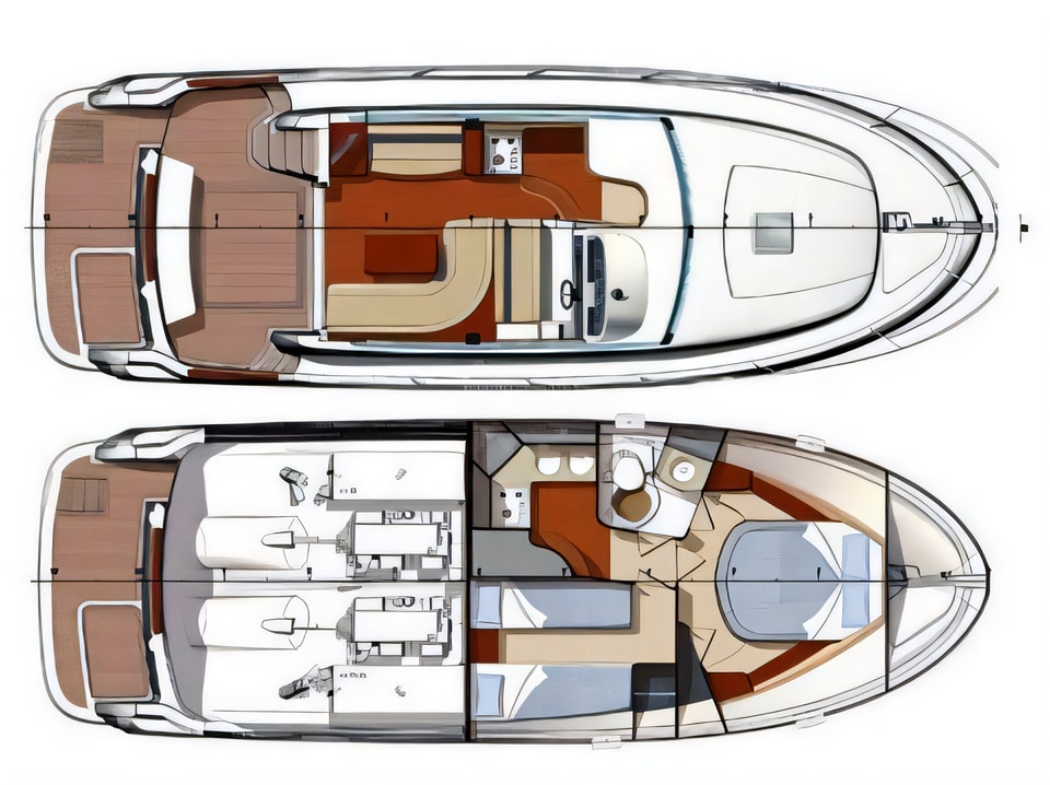 Layout of Prestige 36 motor boat with 2 cabins Croatia yacht charter