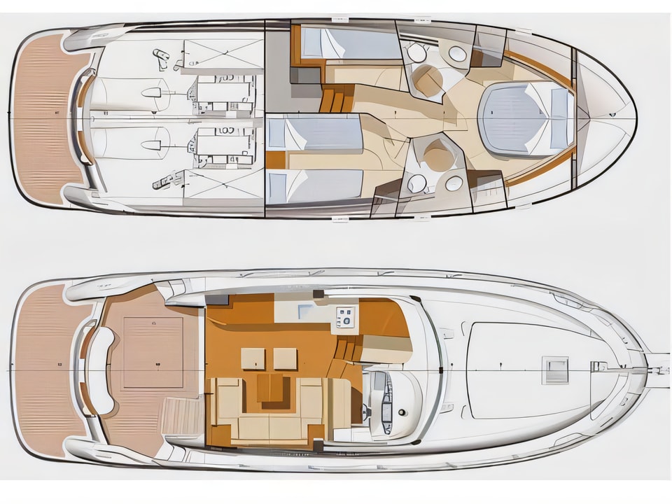 Layout of Prestige 42 motor boat with 3 cabins Croatia yacht charter
