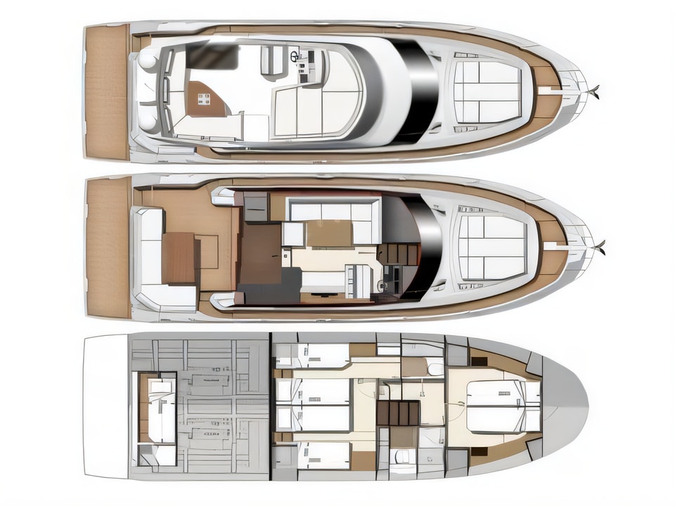 Layout of Prestige 460 motoryacht with 3 cabins Croatia yacht charter