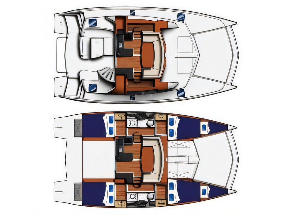 Layout of Leopard 39 PC power catamaran with 4 cabins Croatia yacht charter