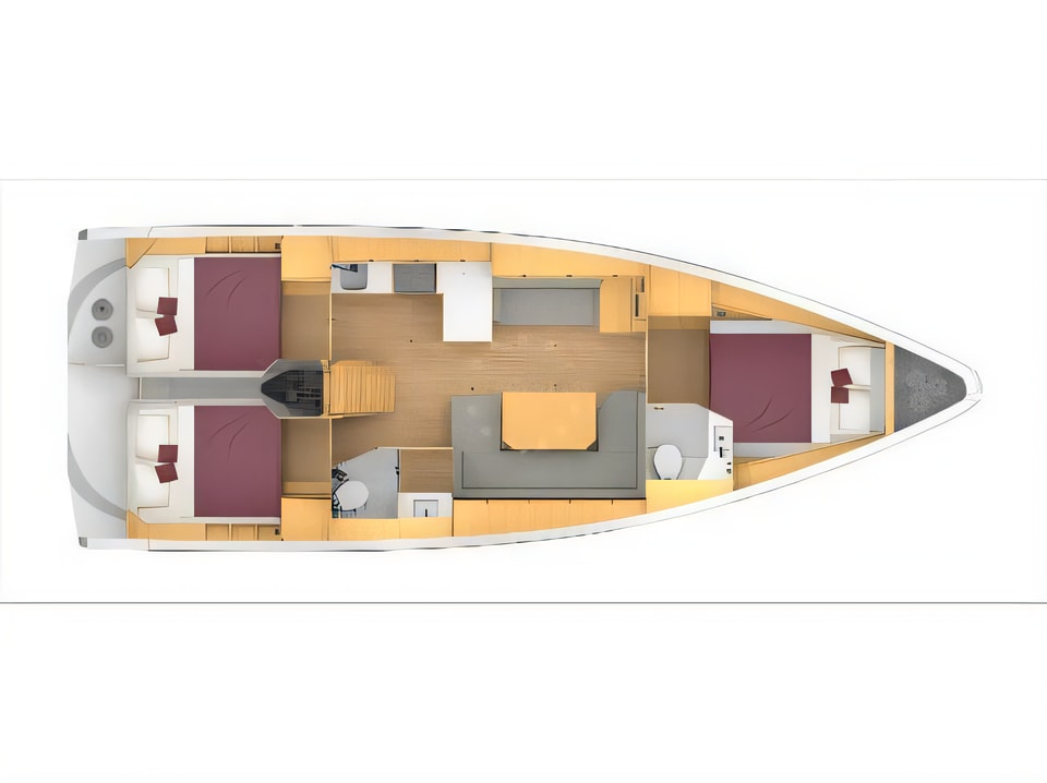 Layout of Bavaria C42 sail boat with 3 cabins Croatia yacht charter