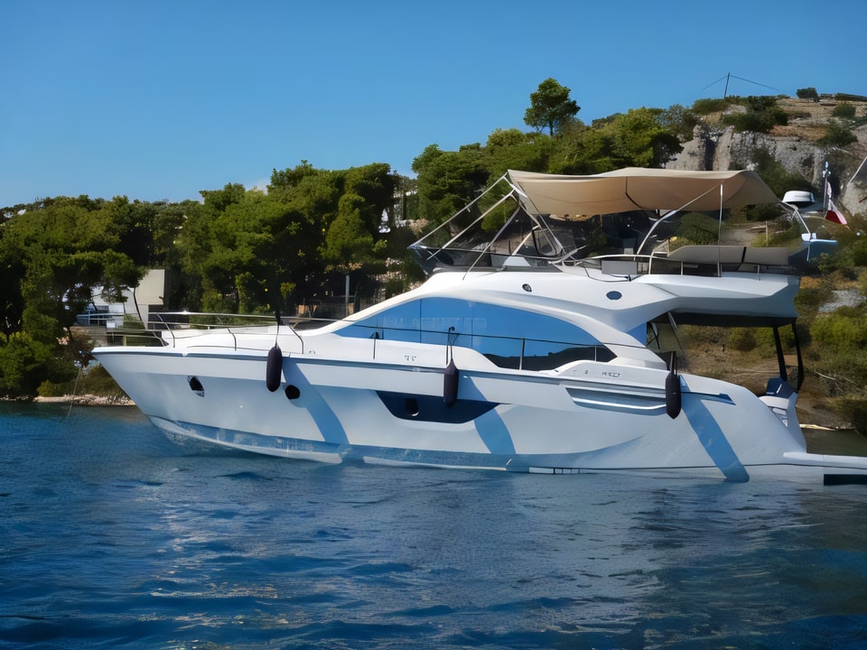 Exterior overview of Sessa Fly 47 motoryacht for charter from Podstrana Marina Lav in the Split sailing area Croatia