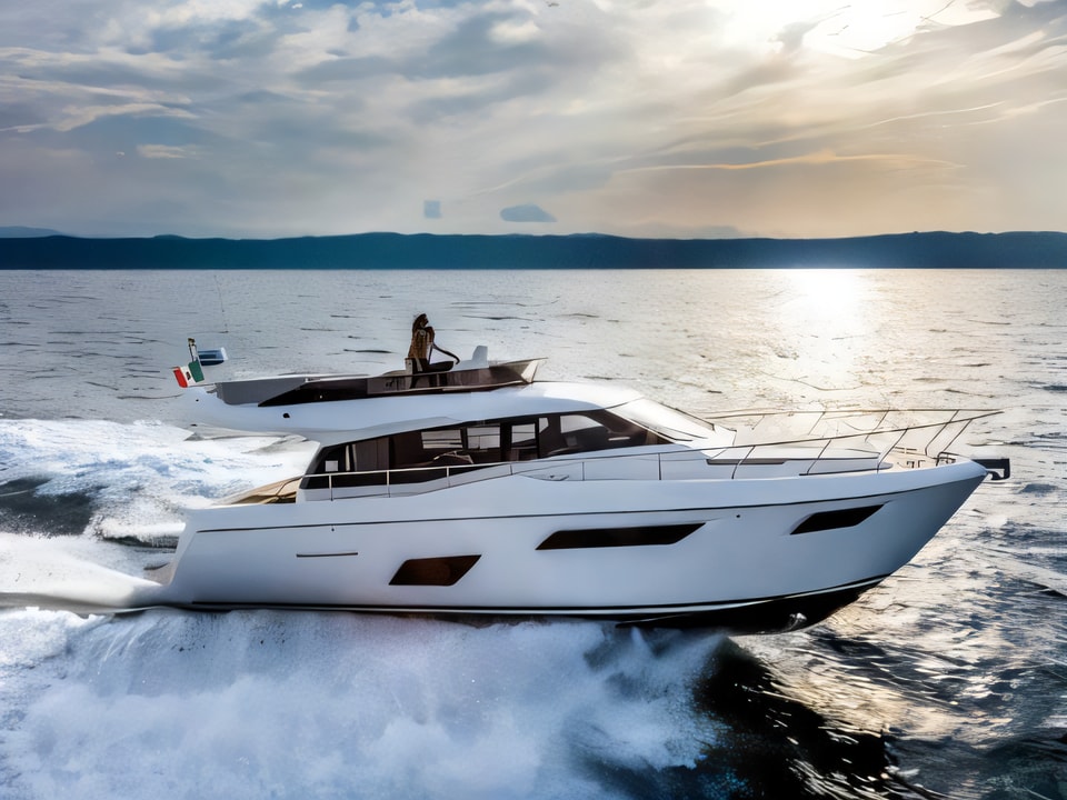 Exterior overview of Ferretti 450 motoryacht for charter from Podstrana Marina Lav in the Split sailing area Croatia