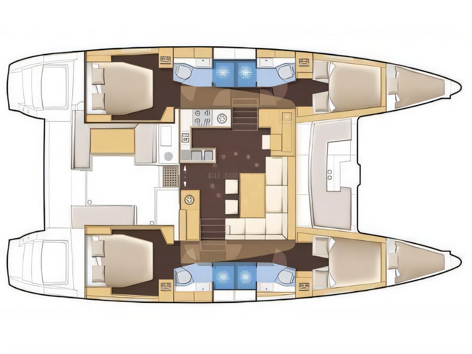 Layout of Lagoon 450 catamaran with 6 cabins Croatia yacht charter