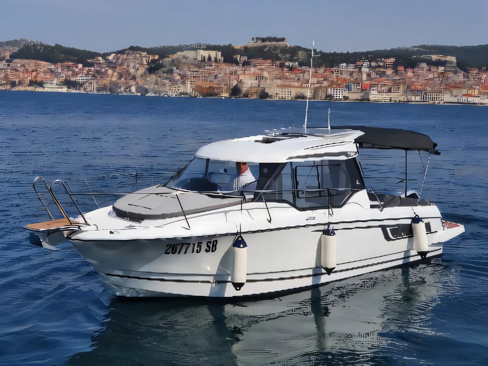 Exterior overview of Merry Fisher 795 motor boat for charter from Sibenik Marina Mandalina in the Sibenik sailing area Croatia