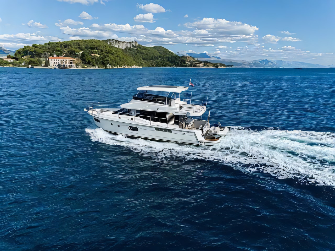 Exterior overview of Swift Trawler 48 motor boat for charter from Rogoznica Marina Frapa in the Sibenik sailing area Croatia
