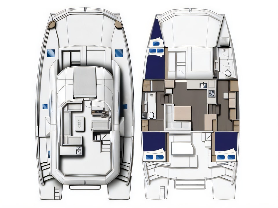 Layout of Moorings 433 PC power catamaran with 3 cabins Croatia yacht charter