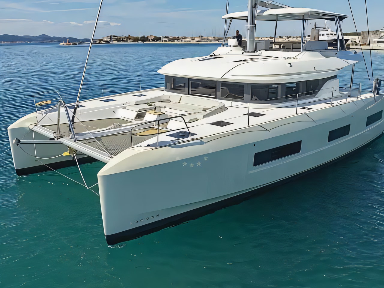 Exterior overview of Lagoon 55_5 Cabins catamaran for charter from Sukosan Marina Dalmacija in the Kornati sailing area Croatia