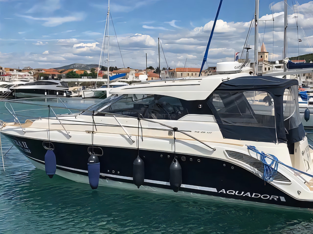Exterior overview of Aquador 28 HT motor boat for charter from Dubrovnik Marina Frapa in the Dubrovnik sailing area Croatia
