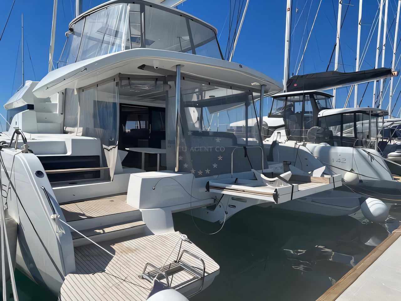 Exterior overview of Lagoon 51- 6 cab catamaran for charter from Sukosan Marina Dalmacija in the Zadar sailing area Croatia