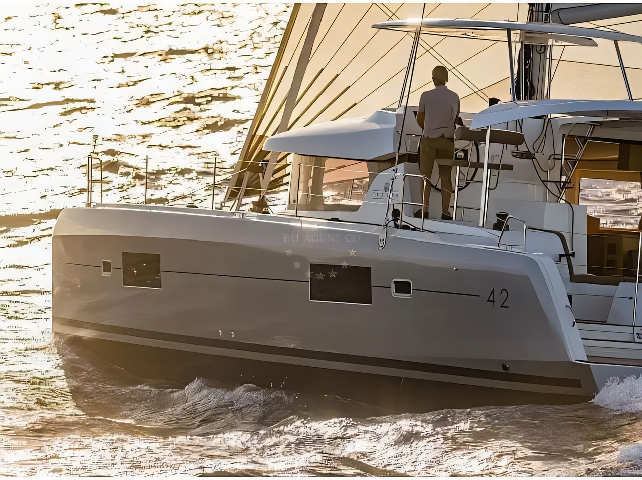Exterior overview of Lagoon 42 catamaran for charter from Sukosan Marina Dalmacija in the Kornati sailing area Croatia