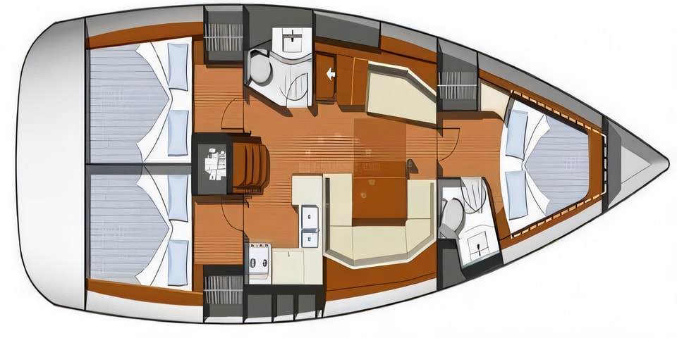 Layout of Sun Odyssey 42i sail boat with 3 cabins Croatia yacht charter
