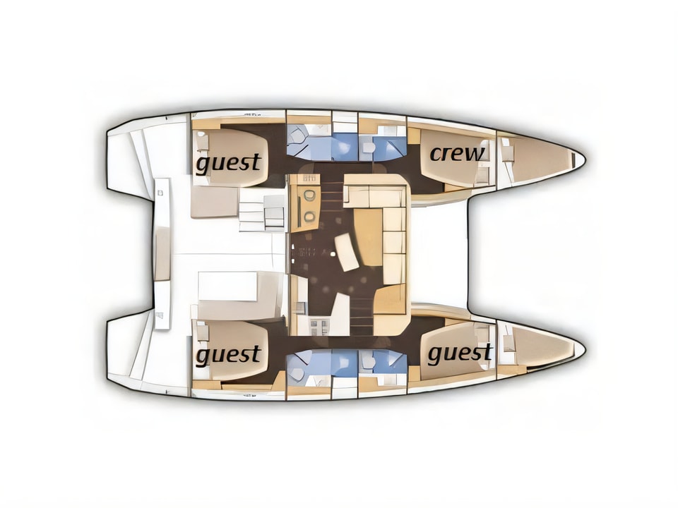 Layout of Lagoon 42 catamaran with 4 cabins Croatia yacht charter