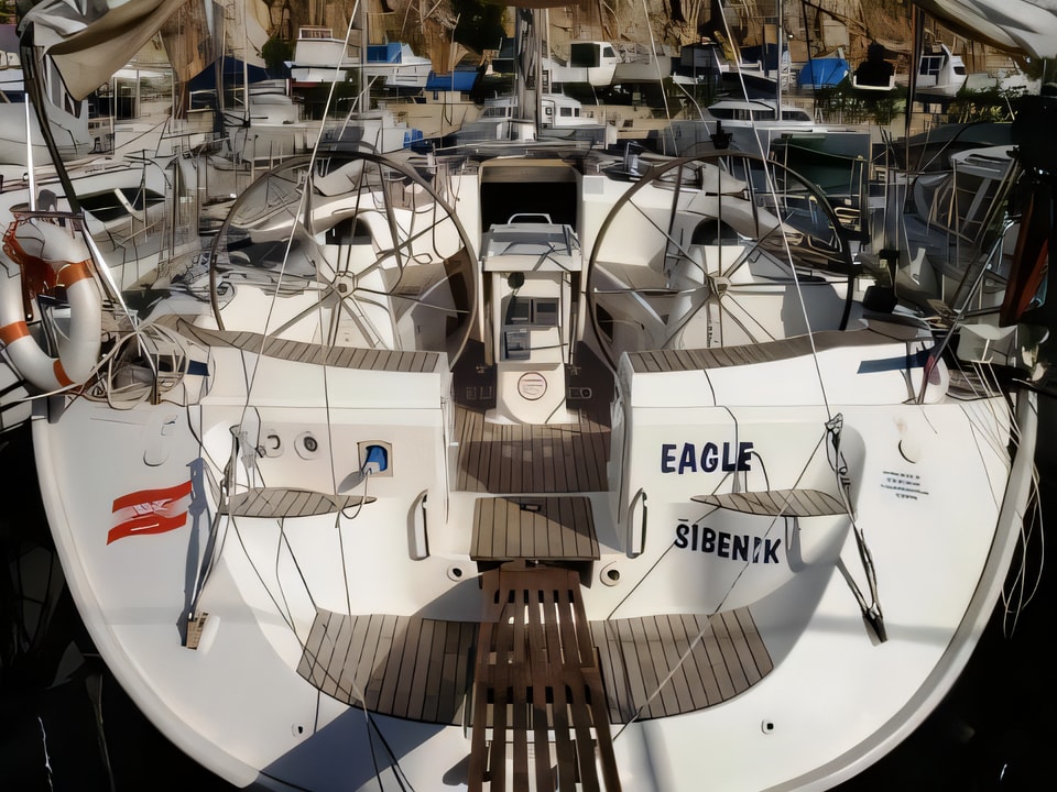 Exterior overview of Bavaria 49 sail boat for charter from Vodice ACI Marina in the Sibenik sailing area Croatia