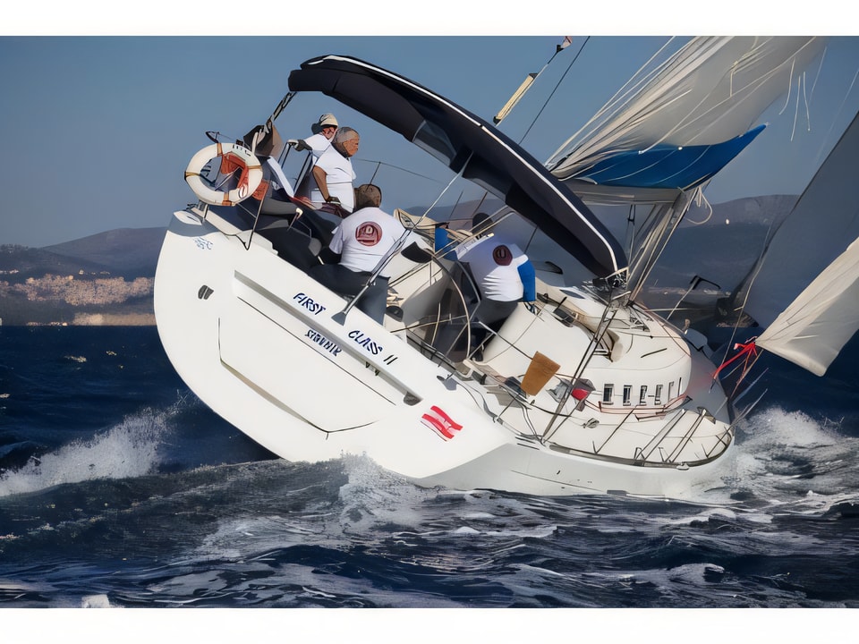 Exterior overview of First 47.7 sail boat for charter from Vodice ACI Marina in the Sibenik sailing area Croatia