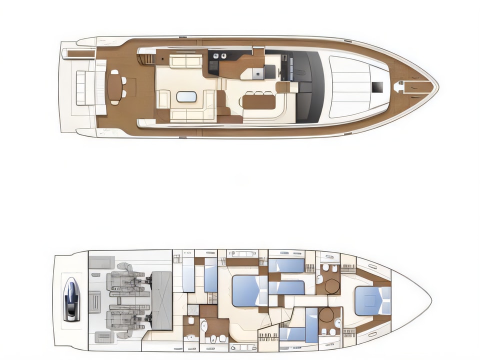 Layout of Ferretti 681 motoryacht with 4 cabins Croatia yacht charter