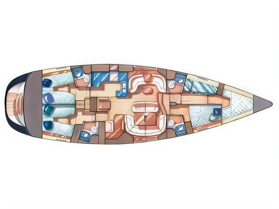 Layout of Sun Odyssey 54DS sail boat with 4 cabins Croatia yacht charter