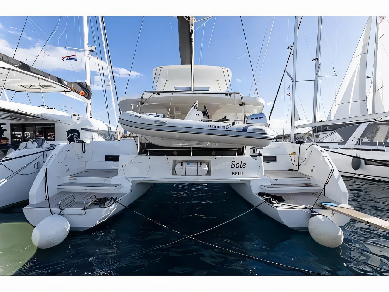 Exterior overview of Lagoon 46 catamaran for charter from Rogoznica Marina Frapa in the Sibenik sailing area Croatia