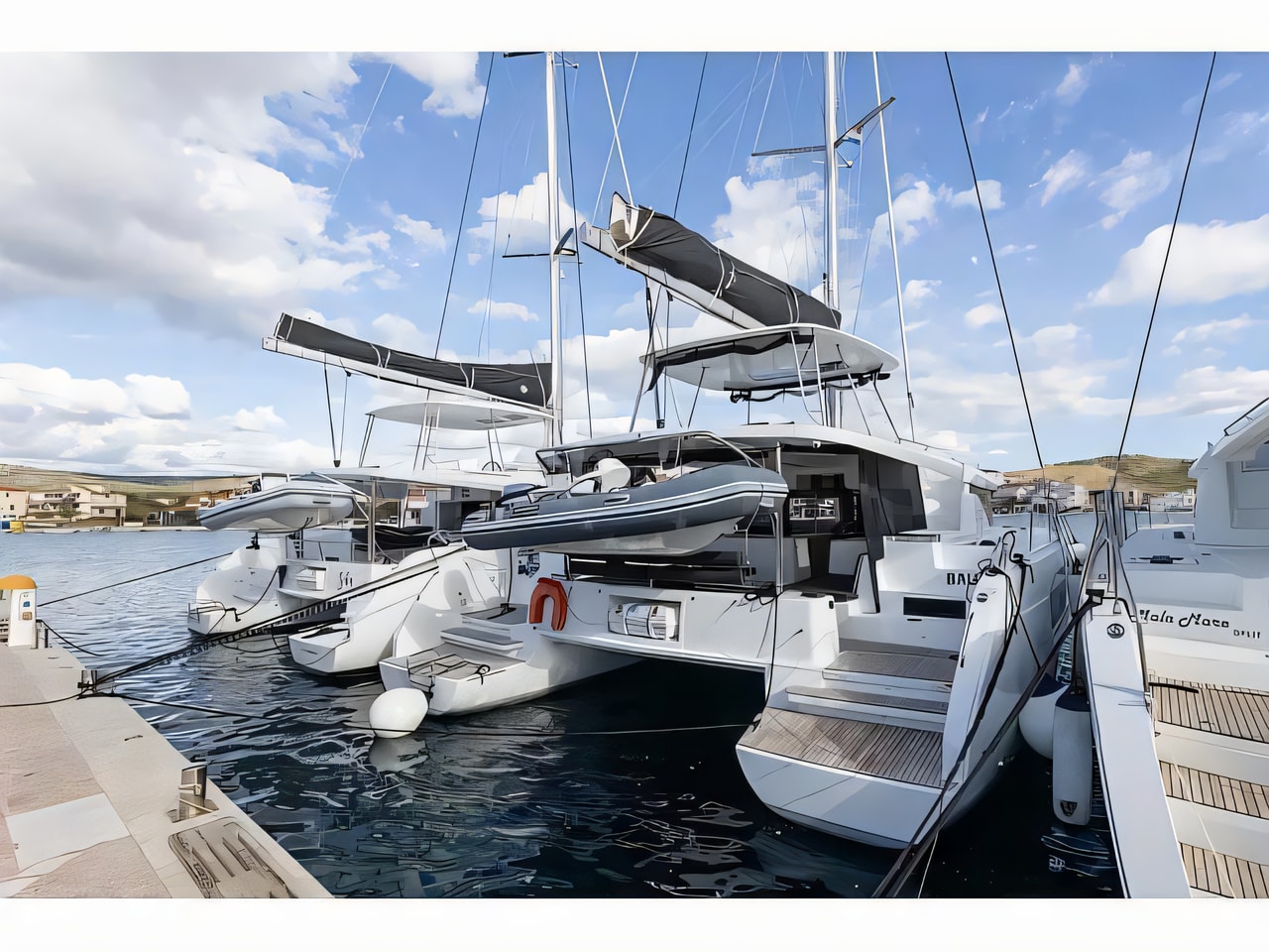 Exterior overview of Lagoon 46 catamaran for charter from Rogoznica Marina Frapa in the Sibenik sailing area Croatia