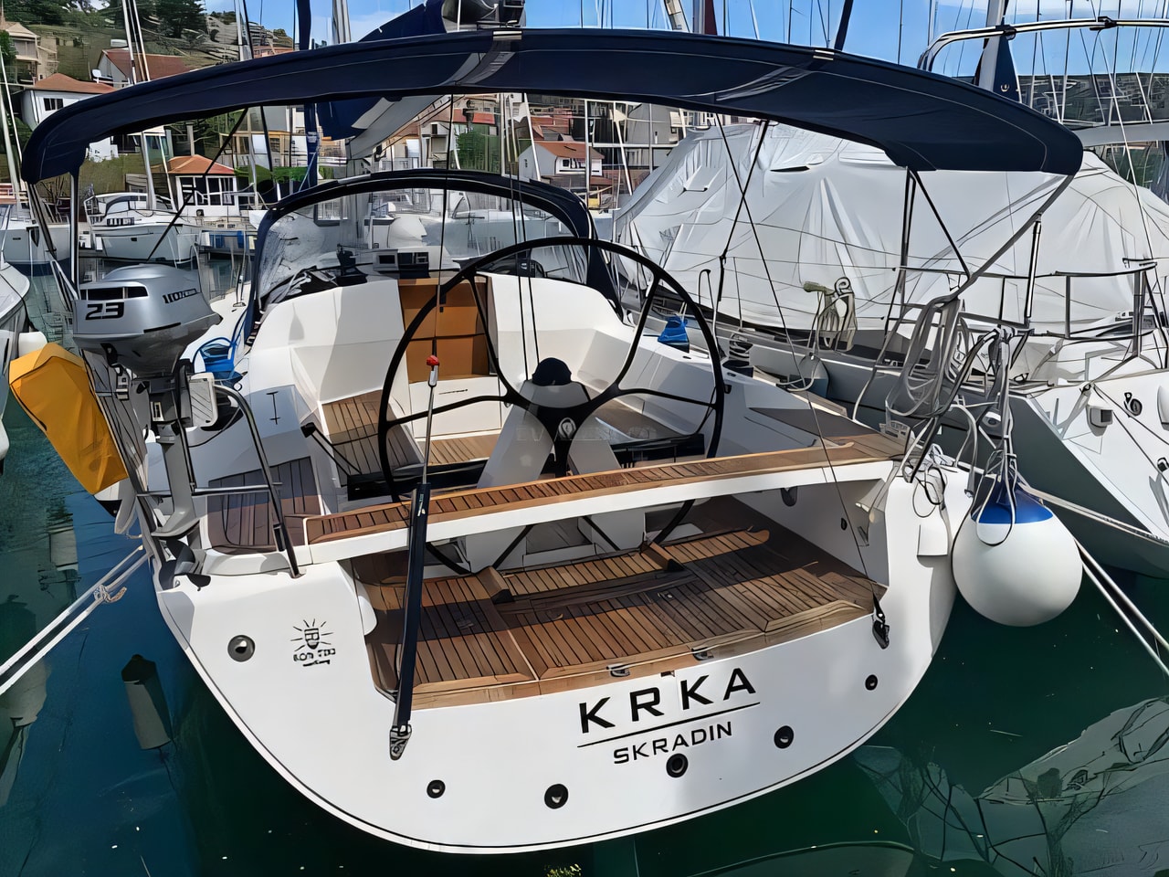 Exterior overview of Elan 410 sail boat for charter from Vodice ACI Marina in the Sibenik sailing area Croatia