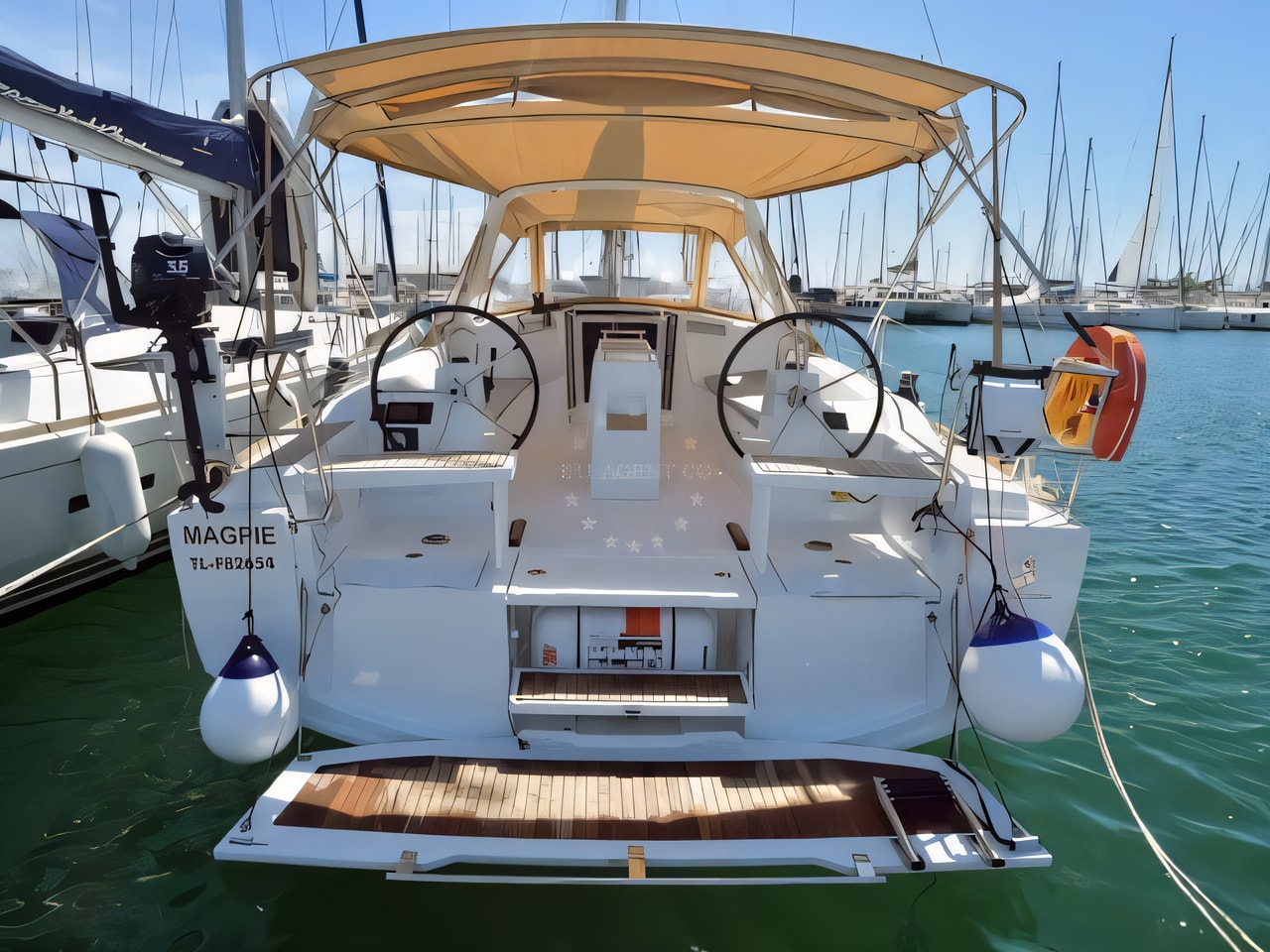 Exterior overview of Oceanis 38.1 sail boat for charter from Zaton Sibenski in the Sibenik sailing area Croatia