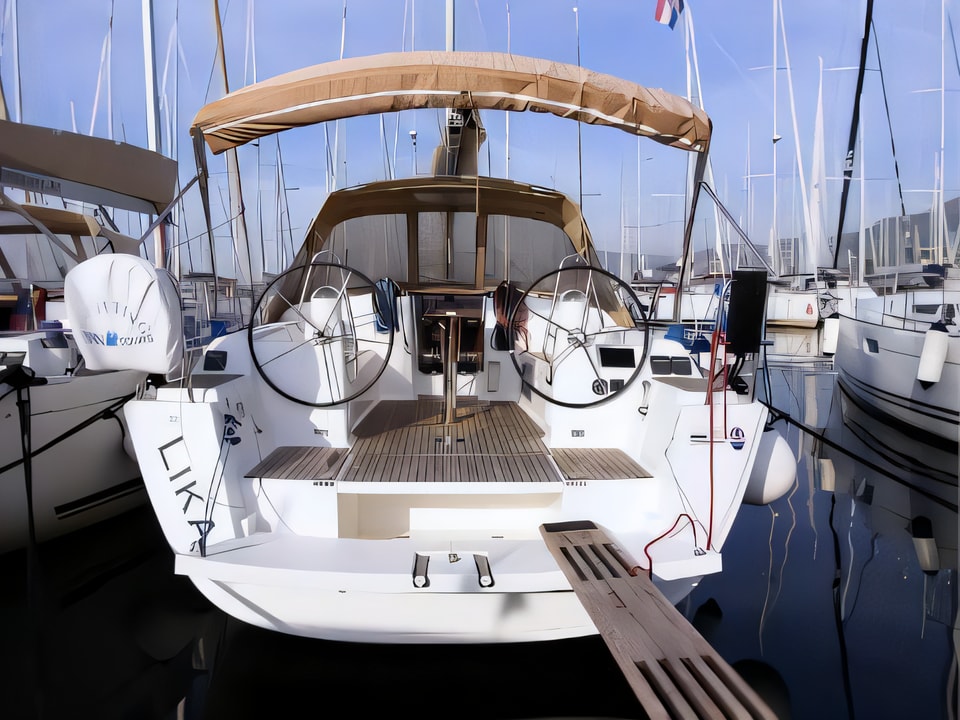 Exterior overview of Dufour 380 Grand Large sail boat for charter from Rogoznica Marina Frapa in the Sibenik sailing area Croatia
