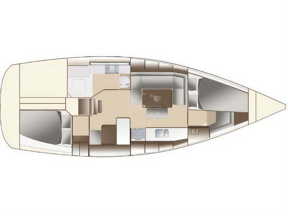 Layout of Dufour 380 Grand Large sail boat with 2 cabins Croatia yacht charter