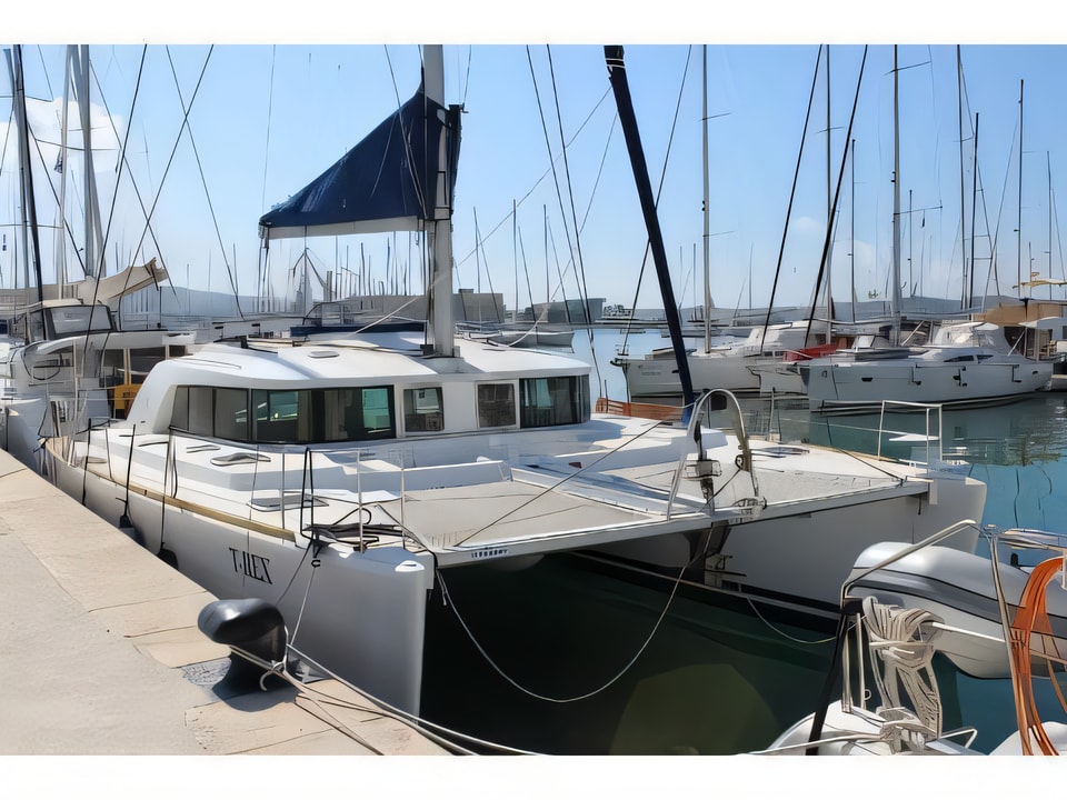Exterior overview of Lagoon 440 catamaran for charter from Sukosan Marina Dalmacija in the Zadar sailing area Croatia
