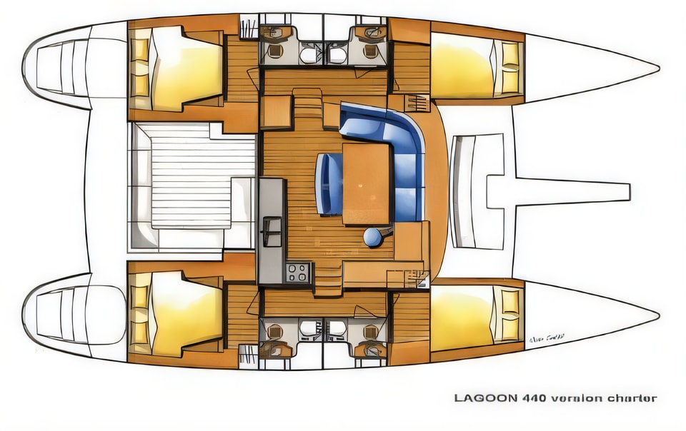 Layout of Lagoon 440 catamaran with 6 cabins Croatia yacht charter