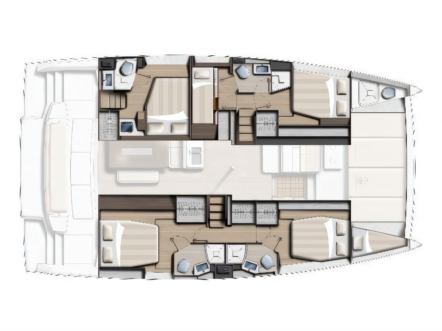 Layout of Bali 4.6 catamaran with 5 cabins Croatia yacht charter