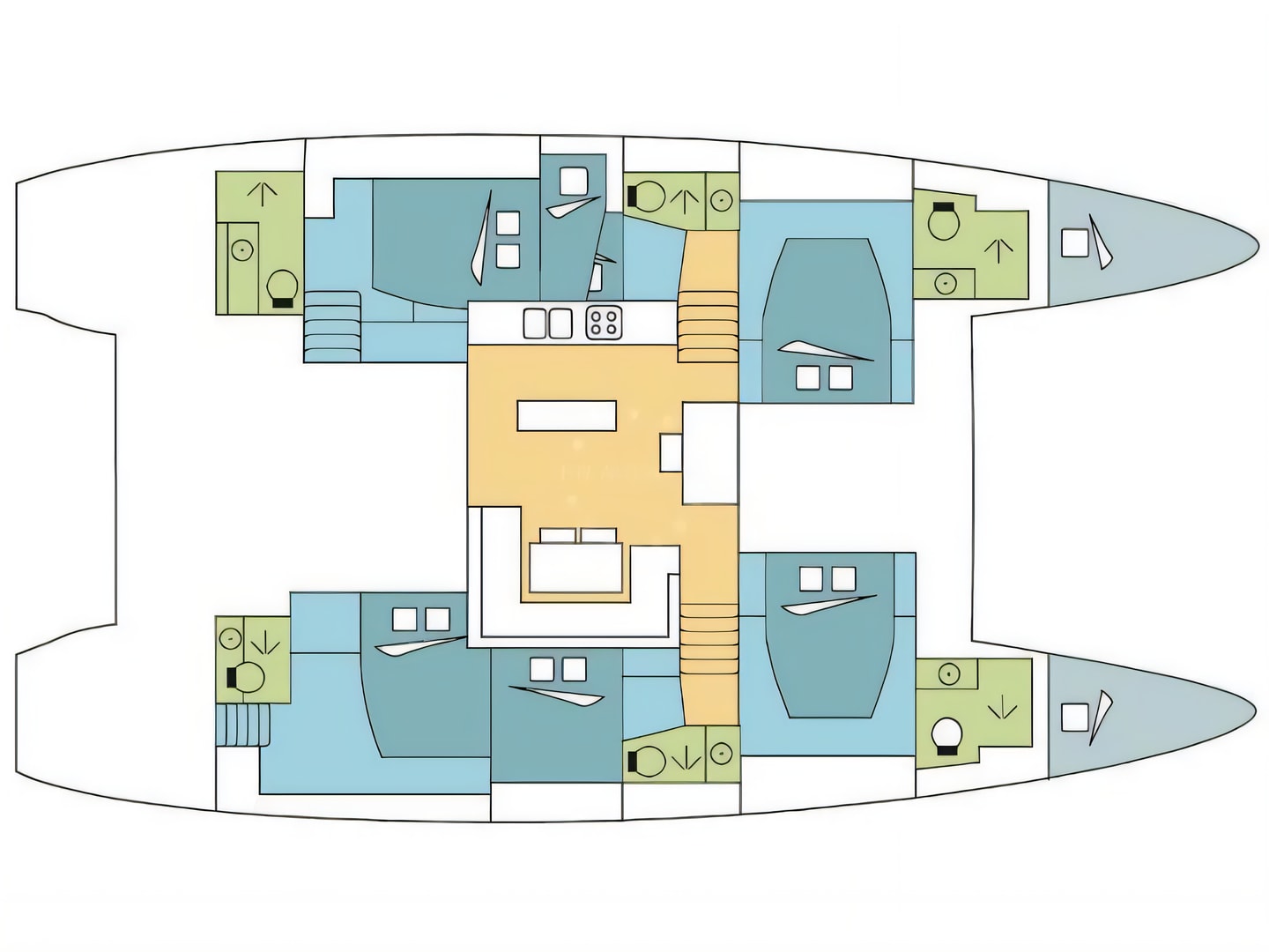 Layout of Lagoon 52F catamaran with 5 cabins Croatia yacht charter