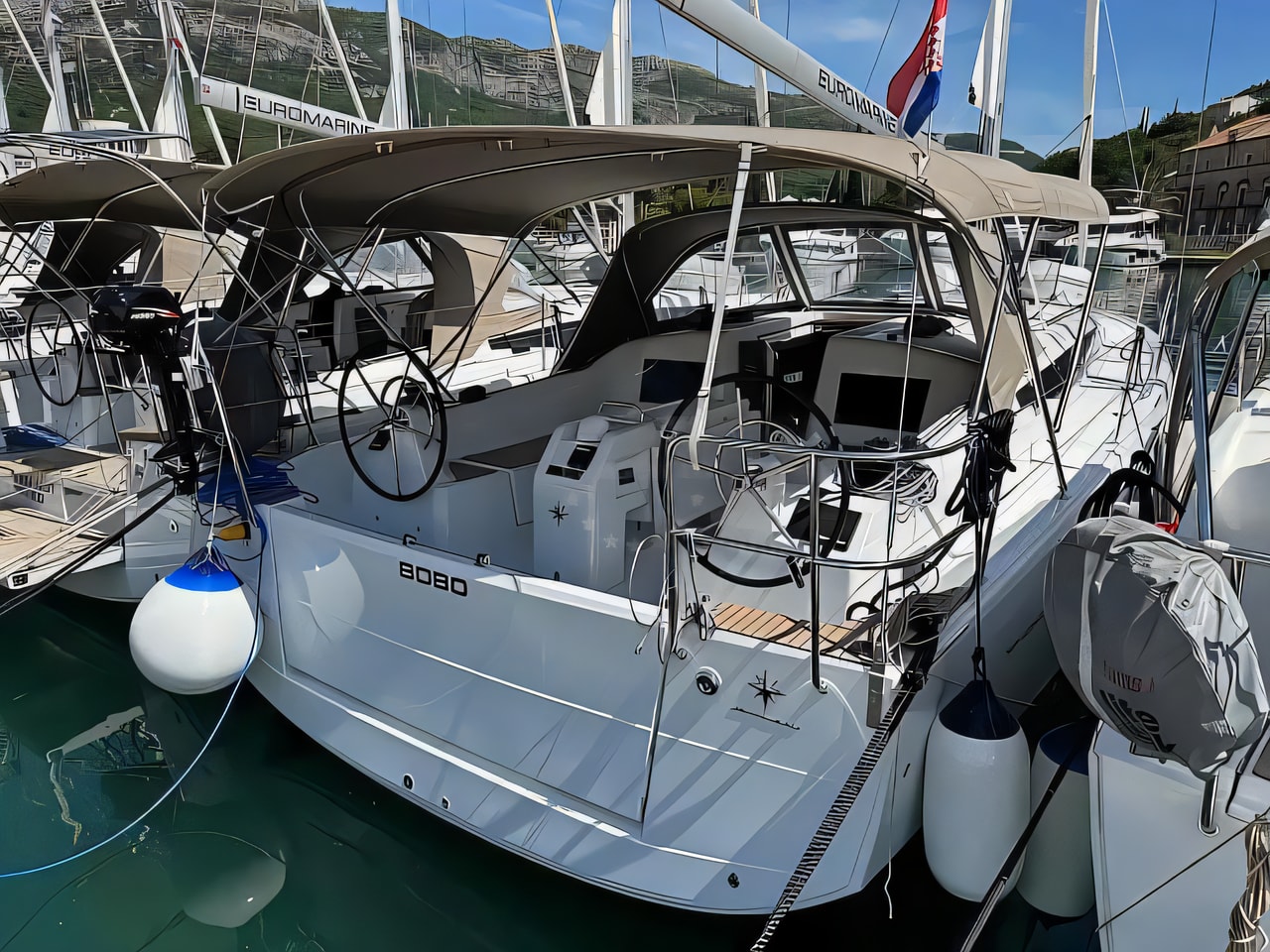 Exterior overview of Sun Odyssey 410 sail boat for charter from Dubrovnik ACI Marina in the Dubrovnik sailing area Croatia