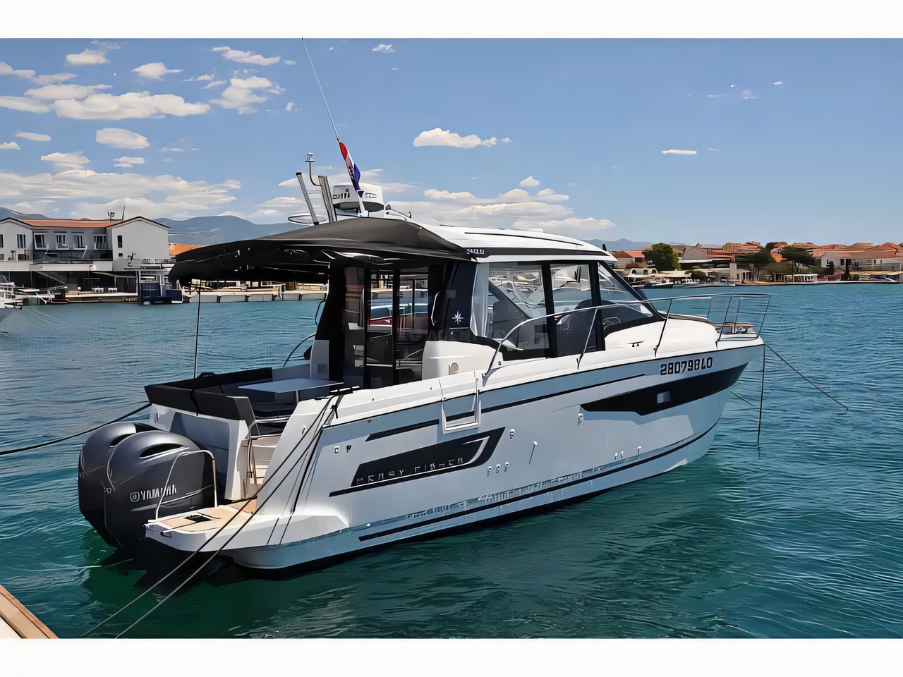 Exterior overview of Merry Fisher 895 motor boat for charter from Pula ACI Marina in the Istria / Kvarner sailing area Croatia