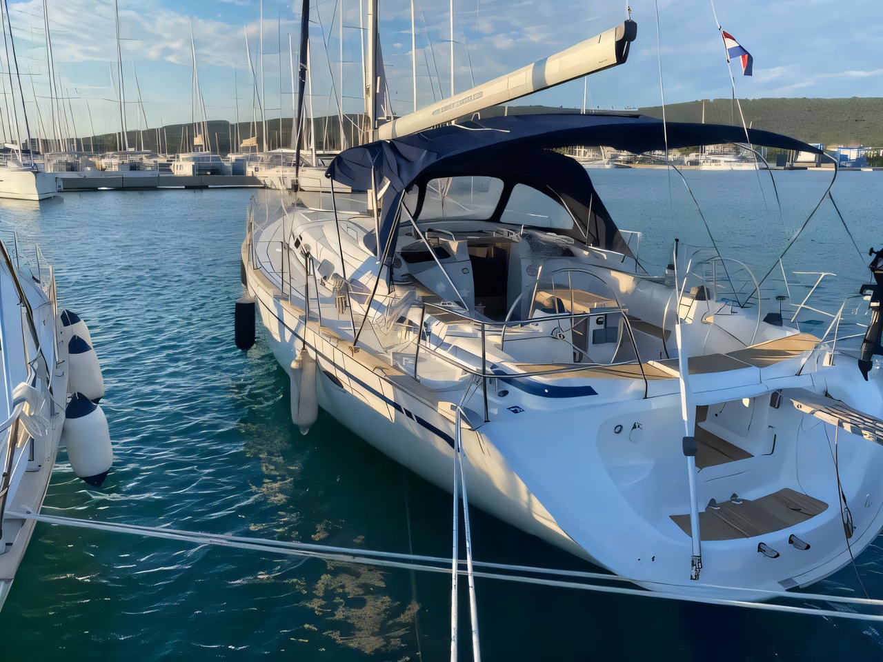 Exterior overview of Bavaria 46 Cruiser sail boat for charter from Sukosan Marina Dalmacija in the Zadar sailing area Croatia