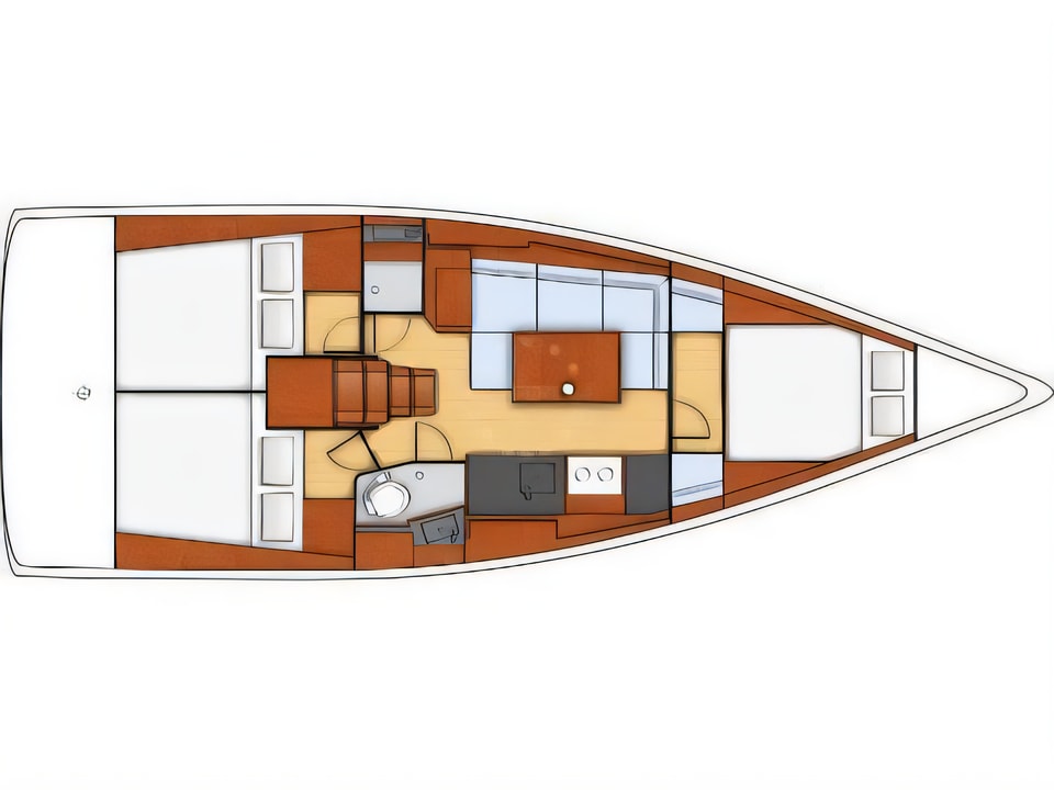 Layout of Oceanis 38 sail boat with 3 cabins Croatia yacht charter