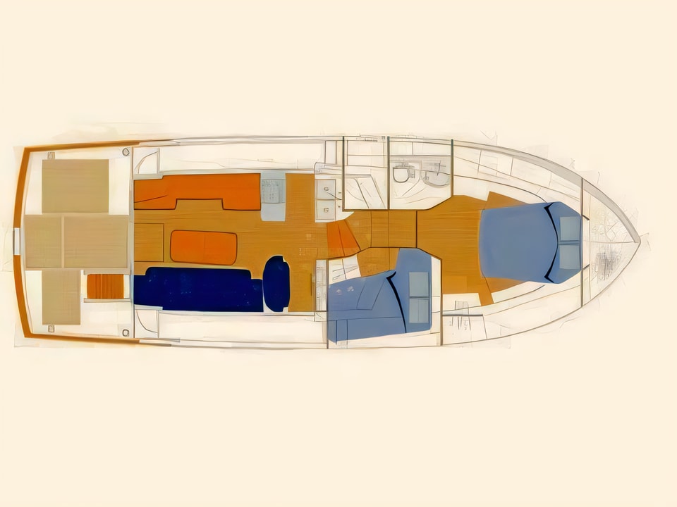 Layout of Swift Trawler 42 motor boat with 2 cabins Croatia yacht charter