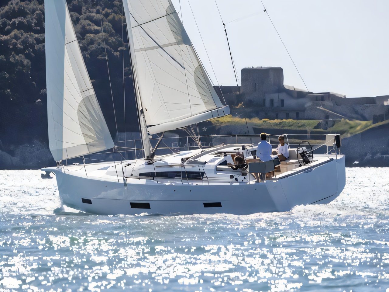 Exterior overview of Dufour 430 sail boat for charter from Vodice ACI Marina in the Sibenik sailing area Croatia