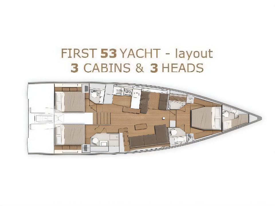 Layout of First Yacht 53 sail boat with 3 cabins Croatia yacht charter