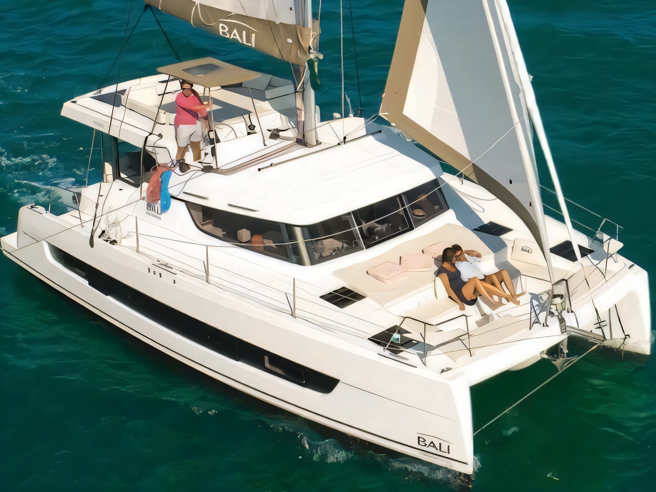 Exterior overview of Bali Catspace catamaran for charter from Seget Donji Marina Baotic in the Split sailing area Croatia